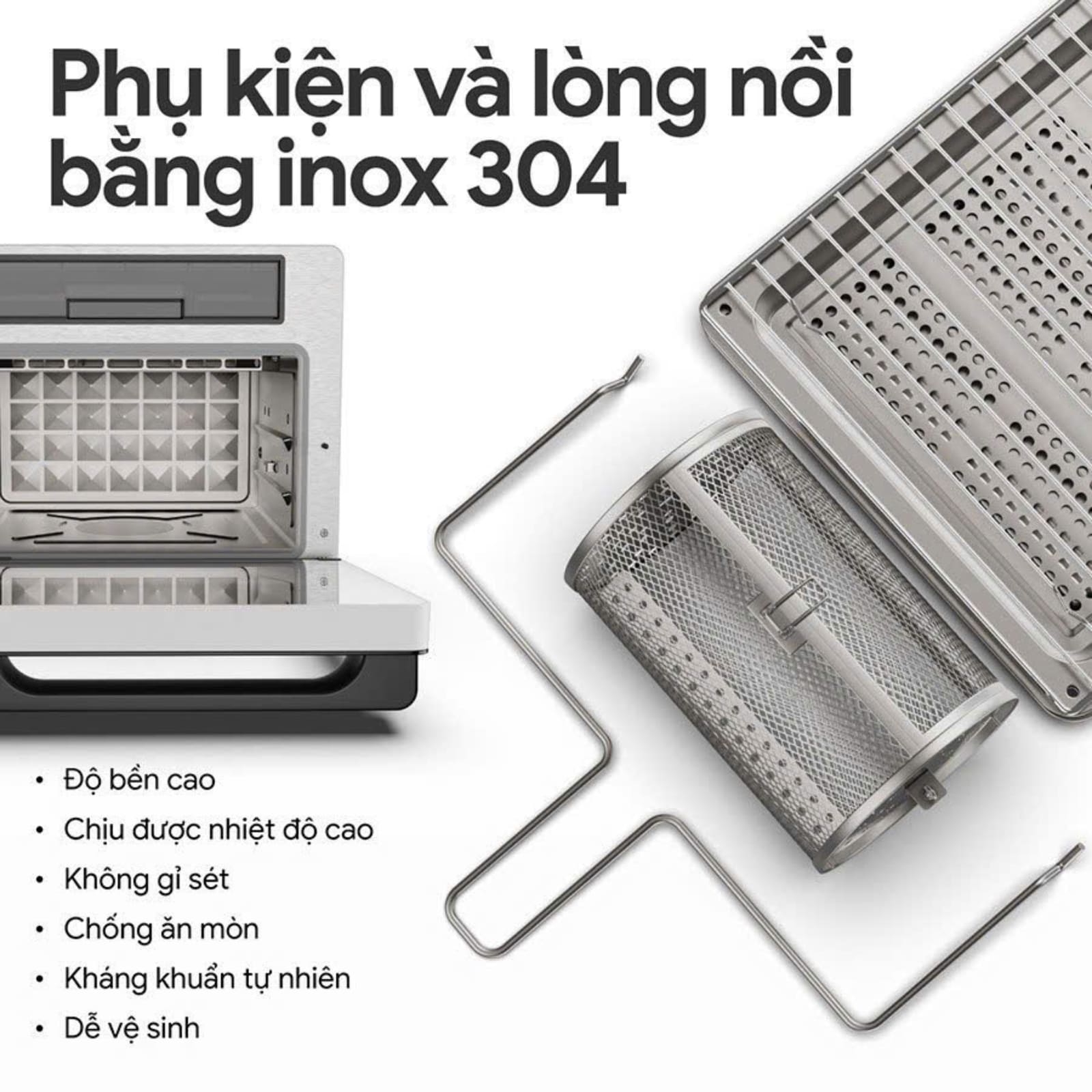 chất liệu inox 304 của lòng nồi và phụ kiện của nồi chiên
